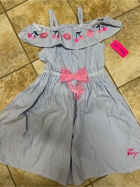 Girls' Betsey Johnson Blue & White Striped Off-Shoulder Jumpsuit with Pink Bow